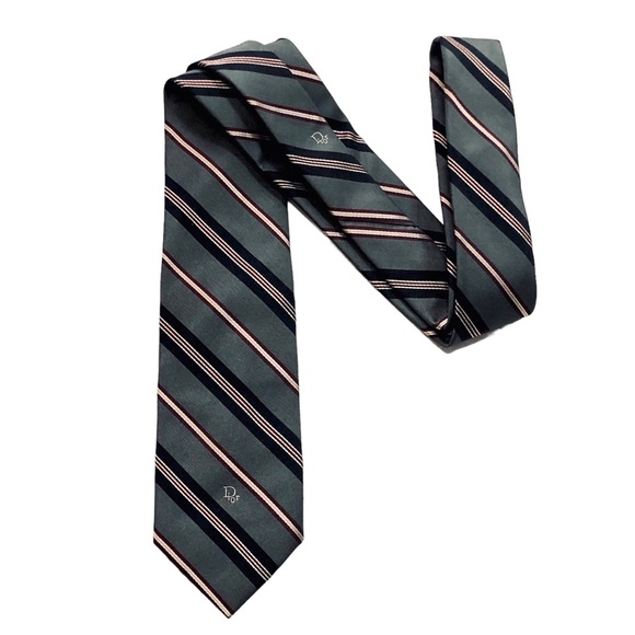 ◈SOLD◈ Vintage Christian Dior Necktie Paris New York Gray Striped Logo Power Tie - Picture 2 of 10